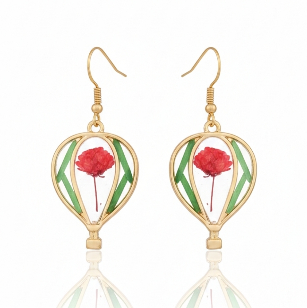 🆕️ Artisan With Real Floral & Resin Elegant Floral Earrings Hot Air Balloon